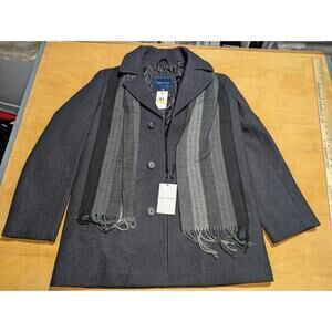 Cole Haan men's M woolblend Charcoal Gray carcoat & removable herringbone scarf.